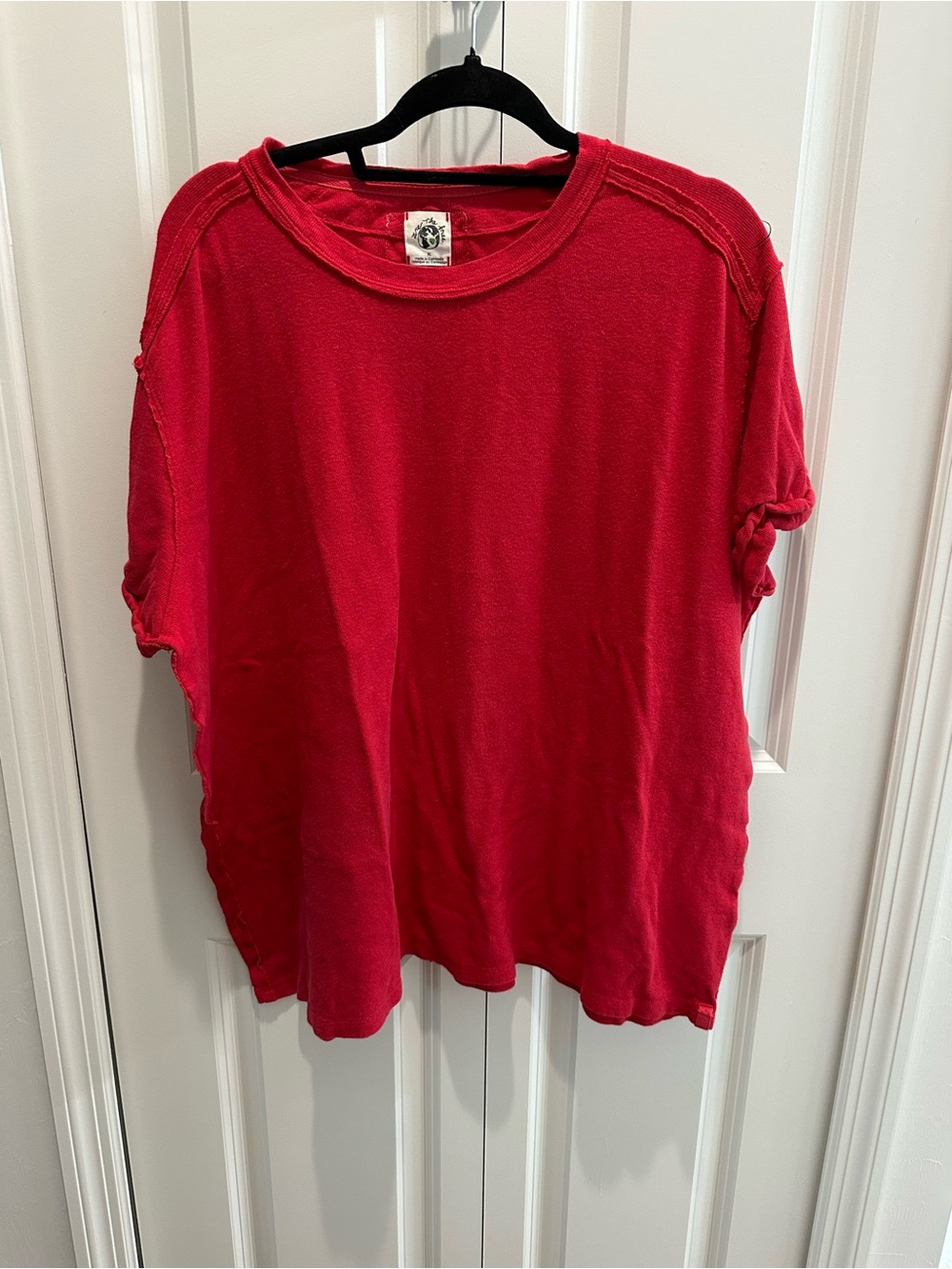 We The Free Relaxed Short-Sleeve Crewneck Tee in Red Linen & Cotton Blend XL